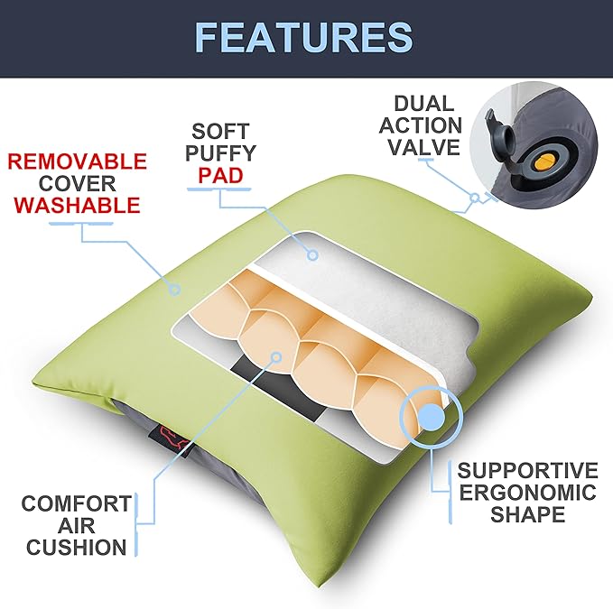 X-Foam Inflatable Camping Pillow Lite with Removable Foaming Cover | Comfortable, Washable Ultralight Portable with Neck Lumbar Support | Backpacking, Hiking, Travel, Air | Small (APPLE GREEN)