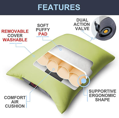 X-Foam Inflatable Camping Pillow Lite with Removable Foaming Cover | Comfortable, Washable Ultralight Portable with Neck Lumbar Support | Backpacking, Hiking, Travel, Air | Small (APPLE GREEN)