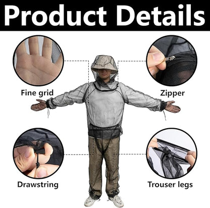 4 Pcs Mosquito Suit for Adult-Full Body Mosquito Net Suit Including Jacket Hood,Pants and Mitt Set-Outdoor Mesh Bug Protection from Bugs,Flies and Gnats