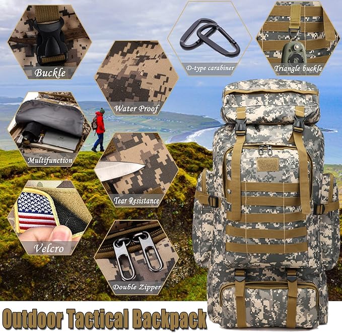 70L Waterproof Hiking Daypack Large Hiking Backpack, Hunting Camping Rucksack Backpack for Men Outdoor Sports Backpack (Urban Camouflage)