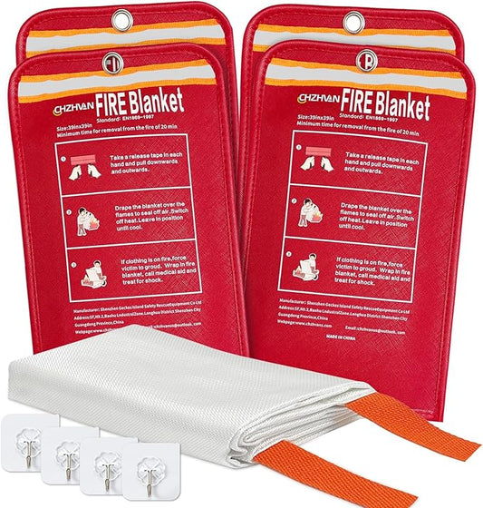 Fire Blanket for Home and Kitchen, Premium Fiberglass [No Harm to Skin], 39.3" X 39.3" Emergency Fire Suppression Blanket with 4 Hooks for Car, Garage, Office & Camping, 4 Pack