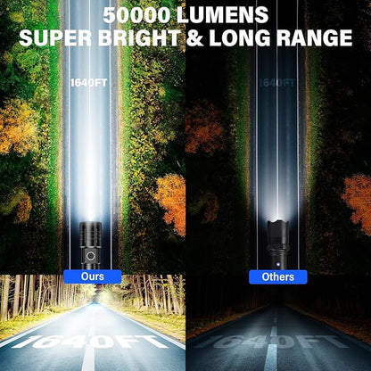 Rechargeable Flashlights High Lumens, 50000LM Super Bright LED Flashlight, Powerful Tactical Flashlight, 5 Modes Zoomable Waterproof Flash Lights for Home, Camping, Emergencies(1 Pack)