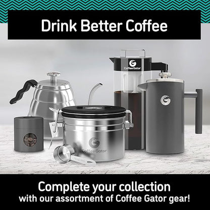Coffee Gator French Press Coffee Maker 34oz, Double Insulated Stainless Steel Brewer plus Travel Jar Canister, Portable Hot Cold Brew Teapot Cafetera for Coffee Bar Accessories Kitchen Camping, Silver