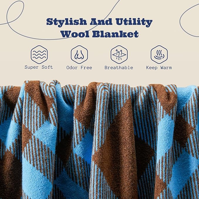 ACUSHLA Merino Wool Blanket - Soft Warm Thick Washable Large Throw Blanket for Camping Bed Couch Outdoor Travel All Weather, Scottish Plaid Blue 79X63