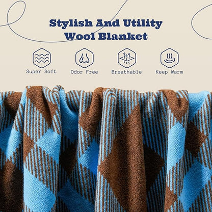 ACUSHLA Merino Wool Blanket - Soft Warm Thick Washable Large Throw Blanket for Camping Bed Couch Outdoor Travel All Weather, Scottish Plaid Blue 79X63