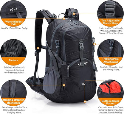 G4Free 45L Hiking Travel Backpack Waterproof with Rain Cover, Outdoor Camping Daypack for Men Women