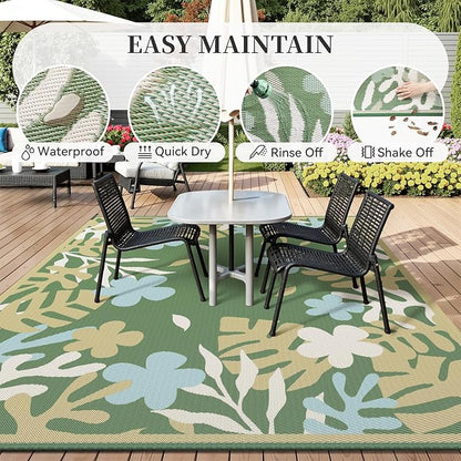 MontVoo Outdoor Rug Waterproof 8x10 ft RV Outdoor Rug for Camping Picnic Mat Outdoor Patio Rug Carpet Plastic Straw Reversible Floral Green Yellow