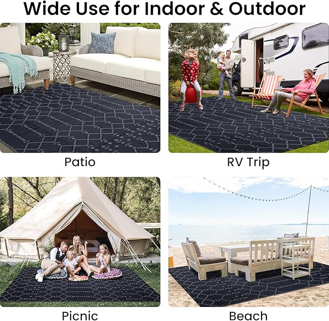 Smiry Outdoor Rug 5x8 ft, Waterproof Reversible Plastic Straw Rugs, Boho Outdoor Area Rug, Outside Floor Mat for Patio, Backyard, Deck, Picnic, Beach, Camping, Dark Grey