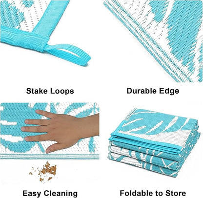 Ileading Outdoor Rug Carpet for Patio 5' x7' Waterproof Reversible Plastic Straw Rug Portable Outside Area Rug Camping Mat for Patio, Clearance, Balcony, Picnic, Pool, Beach, RV, Deck, Leaf Teal