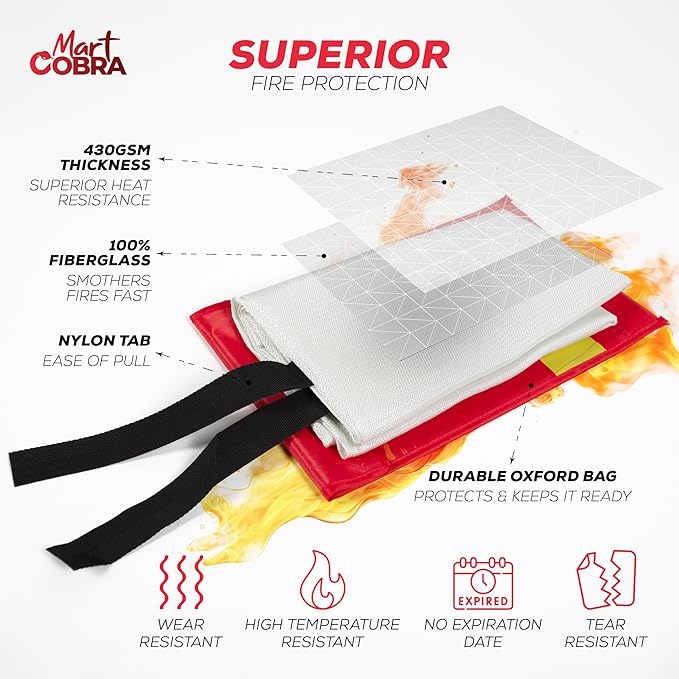 Mart Cobra Emergency Fire Blanket for Home and Kitchen - 5 Pack - Fire Blankets Emergency for Home 40” x 40” - Fire Suppression Blanket - Home Safety Fiberglass Welding Blanket
