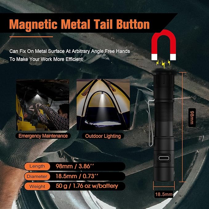 S21 Portable EDC Pocket Flashlight, 880 High Lumen AA Rechargeable Mini Flashlight, Magnetic Tail Switch Light Small Flashlights,Suitable for Outdoor, Camping, Emergency Situations（Black）
