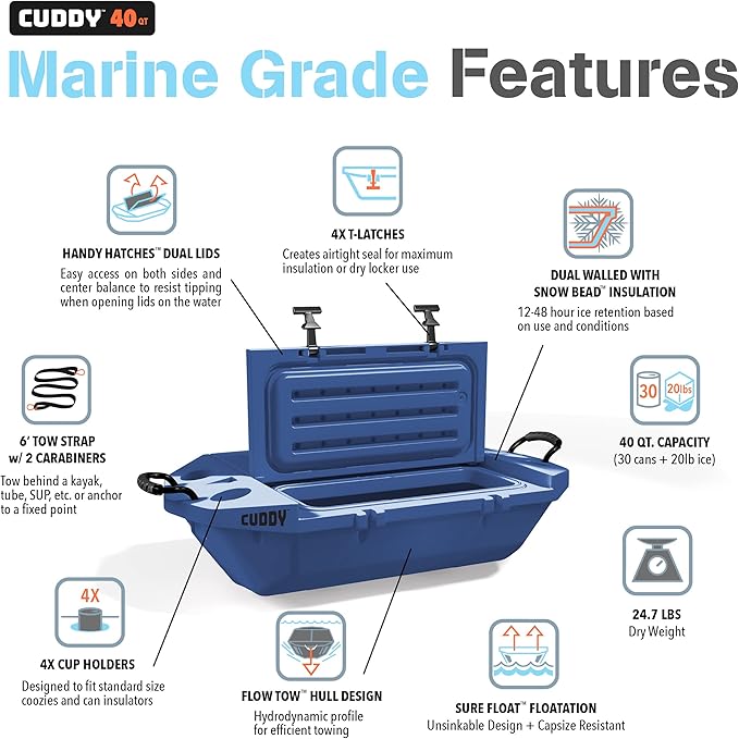 CUDDY Floating Cooler and Dry Storage Vessel for Land & Water – 40QT– Great for River, Beach, Kayak, Pool, & Lake - Multiple Color Options