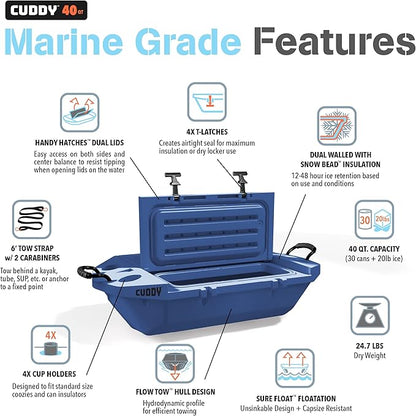 CUDDY Floating Cooler and Dry Storage Vessel for Land & Water – 40QT– Great for River, Beach, Kayak, Pool, & Lake - Multiple Color Options