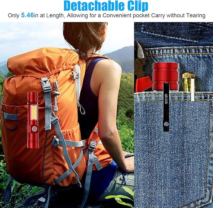 Flashlight USB Rechargeable, Magnetic LED Flashlight, Super Bright LED Tactical Flashlight with Cob Sidelight, 2000LM, Waterproof, Zoomable Best Small LED Flashlight for Camping, Emergency -Red