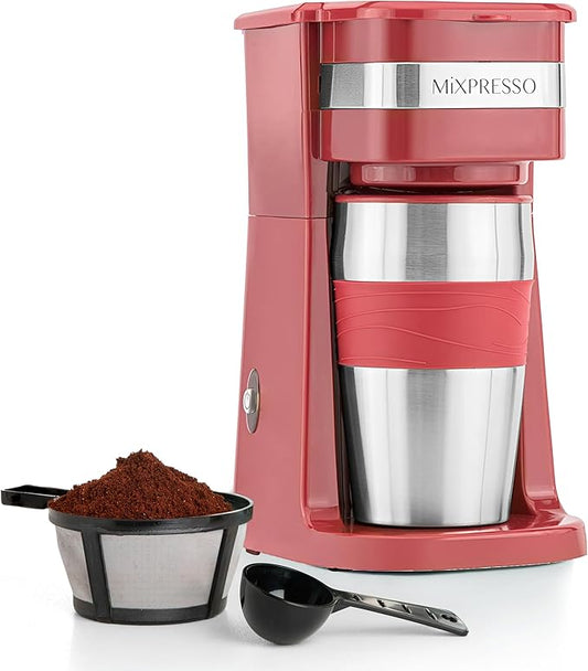 Mixpresso Personal Single-Serve Coffee Maker & 14oz Travel Mug, Drip Small Tumbler With Auto Shut Off & Reusable Filter, Red, Compatible With Coffee Grounds