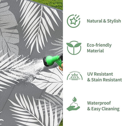 GENIMO Outdoor Rug 6' x 9' Waterproof for Patios Clearance, Reversible Plastic Straw Camping Carpet, Large Area Rugs Mats RV, Picnic, Backyard, Deck, Balcony, Porch, Beach, Grey&White