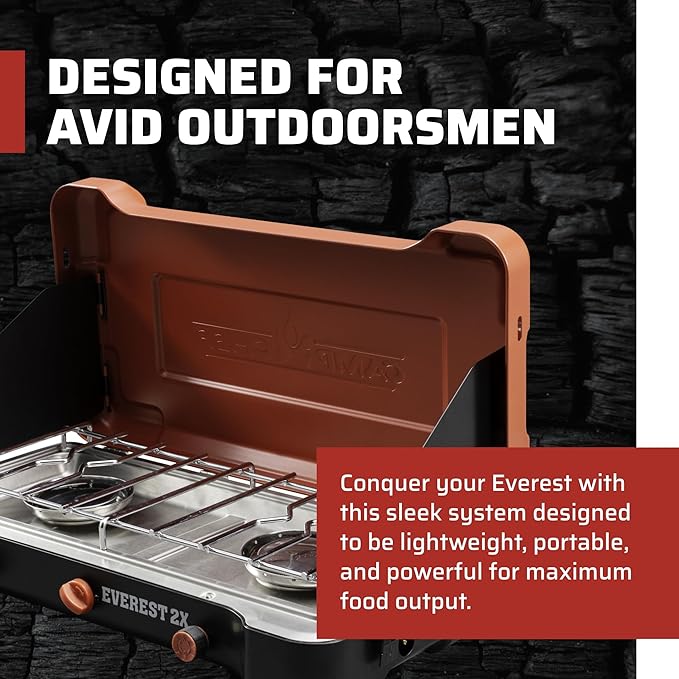 Camp Chef Mountain Series Everest 2X - High Output Two-Burner Camp Stove - Lid Doubles as Windscreen - Portable Cooking Stove - For Outdoor Cooking - 20,000 BTU Burners - 215 Sq In Cooking Area
