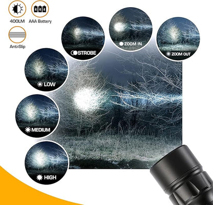 EverBrite 400 Lumens Aluminum LED Flashlight, Zoomable Flashlight with Lanyard&Clip, 4 Modes, IPX4 Waterproof, for Camping Hiking, Emergency, EDC, Survival Use, Batteries Included