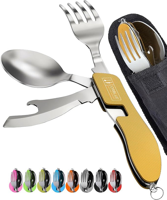 Orblue 4-in-1 Camping Utensils, 2-Pack, Portable Stainless Steel Spoon, Fork, Knife & Bottle Opener Combo Set - Travel, Backpacking Cutlery Multitool, Yellow