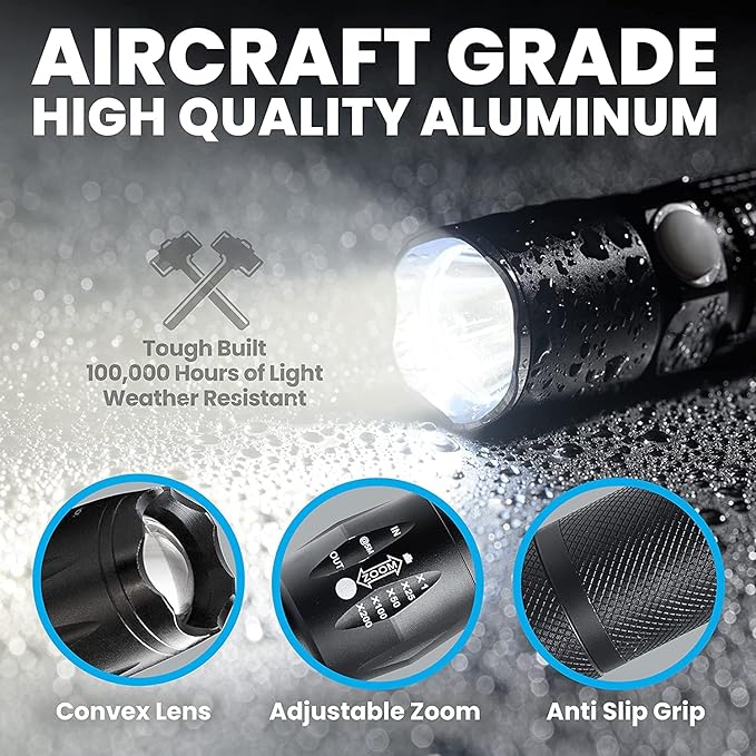 Taclight Flashlight by Bell+Howell High Lumens LED Tactical Flashlight 5 Modes & Zoom Function 40X Brighter Water Proof Handheld Flashlight for Emergency Camping Accessories As Seen On TV Set of 3