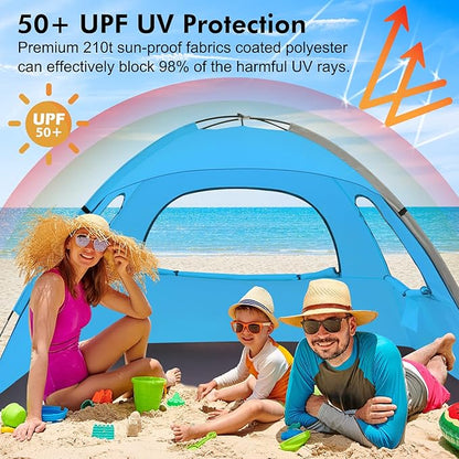 WhiteFang Beach Tent Anti-UV Portable Sun Shade Shelter for 3/4/6/8 Person, Extendable Floor with 3 Ventilating Mesh Windows Plus Carrying Bag, Stakes and Guy Lines