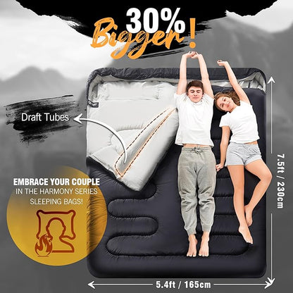 Double Sleeping Bag with Pillow for Adults - Queen Size Two Person Sleeping Bag - 3 Season Cold Weather Camping Sleeping Bag
