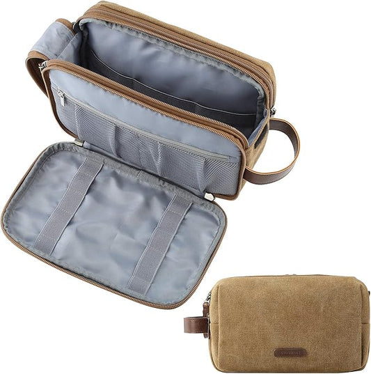 BAGSMART Toiletry Bag for Men, Canvas Travel Toiletry Organizer Dopp Kit Water-resistant Shaving Bag for Toiletries Accessories,Khaki-Medium