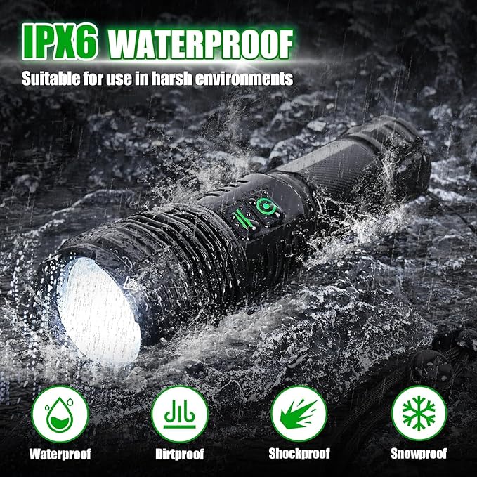 Rechargeable Flashlights, 100000 High Lumens Super Bright Led Tactical Flashlight with 5 Modes, High Power Waterproof Dual Button/Dual Interface Flashlight for Emergency, Outdoor, Camping, Hiking