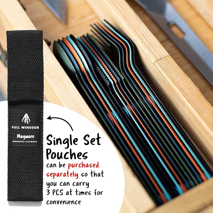 MAGWARE Magnetic Camping Utensils Set - Portable & Reusable Metal Travel Flatware with a Case for Camping, Picnic, Office & Kid's Lunchbox | Camping Cutlery Set | Knife, Fork & Spoon (15 PCS)