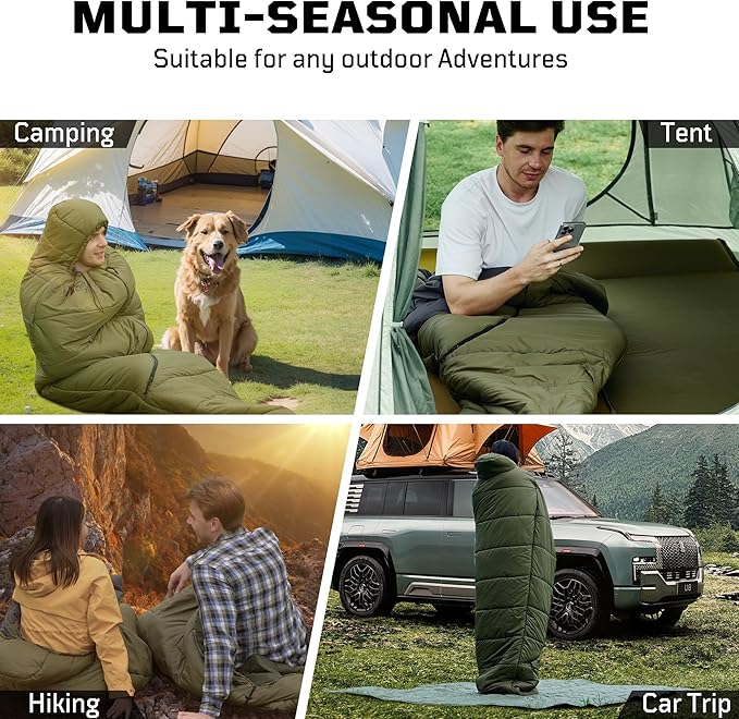 Mummy Sleeping Bag for Adults, Cold Weather Camping Sleeping Bags (25-36℉) with Adjustable Hood, Phone Pocket, Compression Sack for Warm Camping Hiking Outdoor