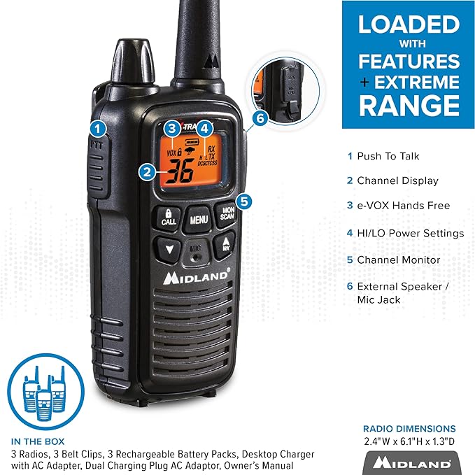 Midland® - LXT633VP3 Walkie Talkies with 36 FRS Channels – Two-Way Radio NOAA Weather Alert & Scan Technology, Dual Power Options, 121 Privacy Codes, Silent Operation, Xtreme Range – Black, Set of 3