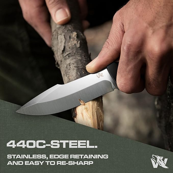 WOLF-I Full Tang Survival Knife with Sheath - Stylish Tactical Fixed Blade Knife - Made of 440C Steel - Bushcraft and Camping Knife Survival - Perfect EDC Outdoor Knife with TPE Handle