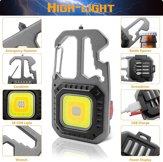 2Pcs COB Small Flashlights, Rechargeable Keychain Mini Flashlight 4 Modes Portable Pocket Magnetic Light with Bottle Opener Hook Window Breaker Wrench Screwdriver Function for Fishing Camping Walking