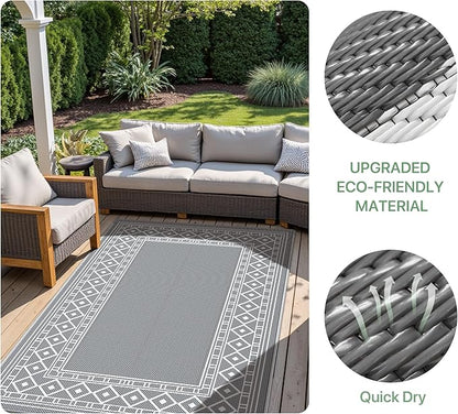 GENIMO Outdoor Rug Waterproof for Patio Decor, 5'x8' Reversible Plastic Straw Area Carpet, Camping Outside Mat for Outdoor, RV, Deck, Camper, Balcony,Picnic Grey & White