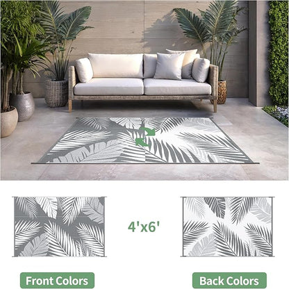 Outdoor Rug 4' x 6' for Patio Waterproof Clearance, Reversible Indoor Outdoor Plastic Straw Camping Rug Carpet, RV Mat, Large Area Rug for Deck, Backyard, Balcony, Porch, Beach, Grey and White