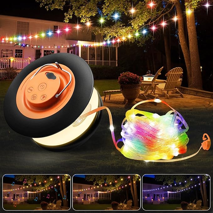Camping String Lights Outdoor with Music Sync, Quick Storage LED String Lights with 7 RGB Color & 12 Mode Tent Lights, Portable Camping Lantern Waterproof Camping Light for Camping Essentials (Black)
