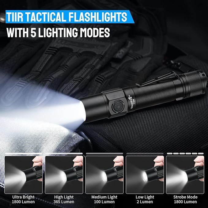 TrustFire T10R Flashlight High Lumens, 1800 Lumnen Rechargeable Flashlights 5 Modes Super Bright LED Tactical Flashlight IP68 Pocket EDC Flash Light for Camping, Emergency, Rescue, Hunting, Repair