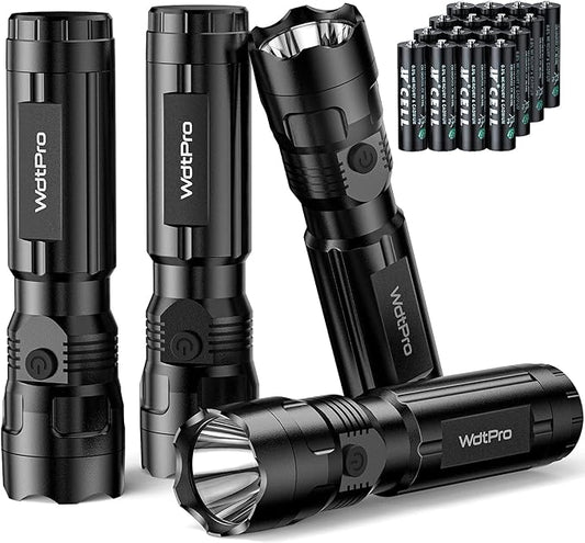 WdtPro 4 Pack LED Flashlights, Bright Flashlight with 16 AAA Batteries, Super Long Battery Life, Single Mode, High Lumens, EDC Flash Lights for Emergencies, Hurricane Supplies, Camping