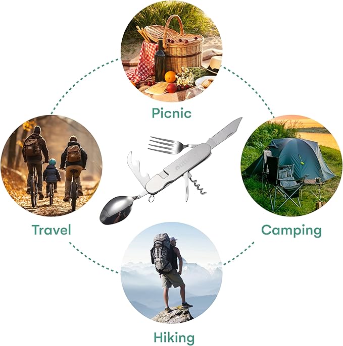 Outlery Survival Pocket Knife - Functional Backpacking Knife with Utensils and Utility Tool - Multifunction and Tactical for Camping or Hiking - Silver, Stainless Steel Multitool - H0.9xL4xW1.3 Inches