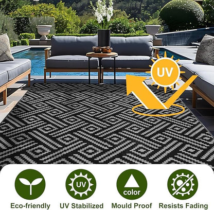 OPPODREAM Outdoor Rug 9x12 Patio Waterproof, Large Outdoor Plastic Straw Rug, Reversible Out Door Carpet for Camping, Deck, Rv, 9 x 12 Area Carpet for Balcony, Porch, Backyard, Black and Grey