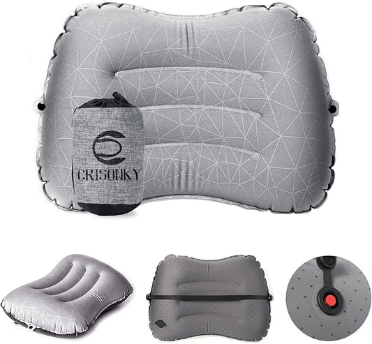 Camping Pillow - Inflatable Pillow - Travel Pillows for Backpacking & Airplane, Lumbar Support 2.0 Blow Up Pillows, Ultralight Compressible, Comfortable, Ergonomic Pillows (Light Grey)