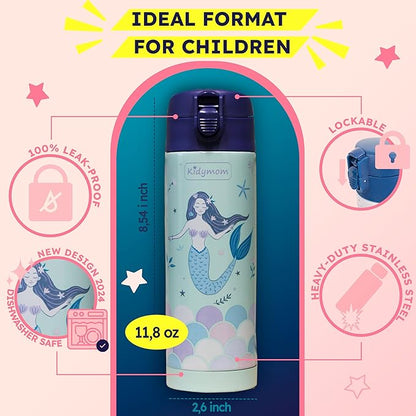 Stainless Steel Water Bottle Kids 12 oz With Carrying Pouch| Insulated Water Bottle For Kid, Toddler, Girls, Boys or Teen | Leakproof, BPA-Free | Little Metal Tumbler for School | Mermaid Girl