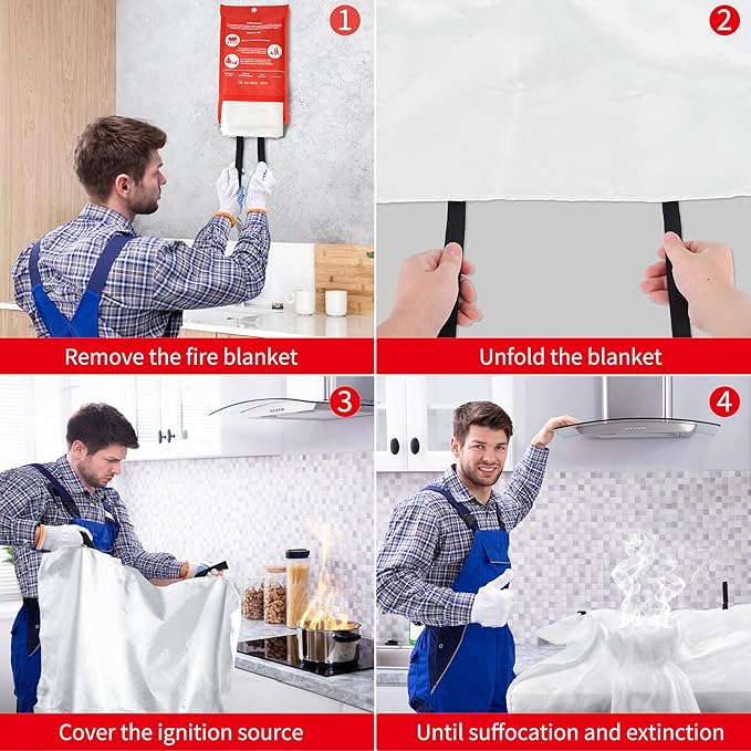2 x Emergency Fire Blanket for Home and Kitchen (40"x40") with Hooks & Gloves - Reusable Fire Blankets Emergency for Home, Office, Car, Camping, Picnic, School and Warehouse