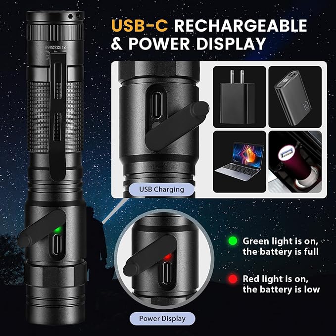 Flashlight Rechargeable High Lumens, Flashlight Rechargeable USB-C, Powerful Handheld Flash Light 5 Modes, Super Bright Pocket LED Flashlight for Camping, Emergency, Rescue（2 Pack）