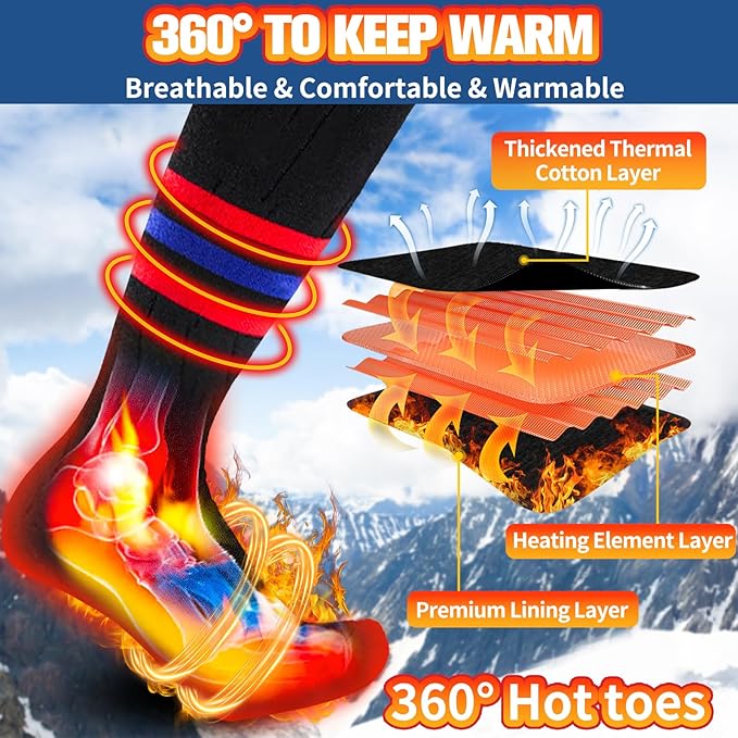 BIBURY Heated Socks for Men Women, Thermostatic Control Battery Powered Heating Socks Up to 8 H, 5000mAh Rechargeable Washable Electric Socks for Outdoor Winter Sports Camping, Skiing, Riding,Hunting