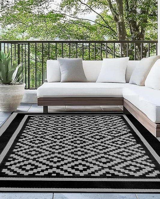 Kohree Outdoor Rug Waterproof 6x9 ft, RV Outdoor Plastic Straw Rug for Patios Clearance,Reversible Area Rug for Camping,Balcony,Deck,Black & Gray