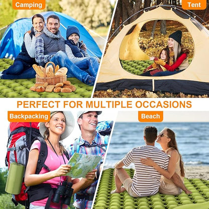 Double Sleeping Pad, Ultralight 4" Extra-Thick Self Inflating Sleeping Mat for 2 Person with Pillow Built-in Foot Pump Portable Camping Mat for Backpacking, Hiking, Traveling (Double Army yellow)