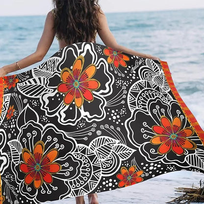Laurel Burch Orange Blossoms Large Oversized Microfiber Beach Towel - 40x63 Inches, Sand-Free, Quick-Drying, Ultra-Soft, Ideal for Travel, Pool, and Yoga - Includes Matching Drawstring Travel Pouch