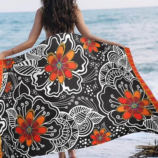 Laurel Burch Orange Blossoms Large Oversized Microfiber Beach Towel - 40x63 Inches, Sand-Free, Quick-Drying, Ultra-Soft, Ideal for Travel, Pool, and Yoga - Includes Matching Drawstring Travel Pouch