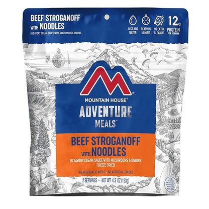 Mountain House Veggie Chorizo Breakfast Scramble 2-Servings & Beef Stroganoff with Noodles 2 Servings Freeze-Dried Backpacking & Camping Food Bundle
